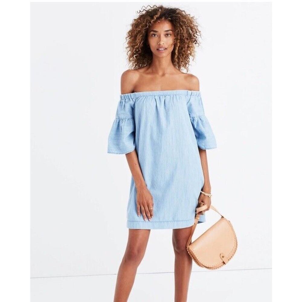 Madewell Azalea Off the Shoulder Ruffle Sleeve Light Blue Denim Dress Size‎ XS